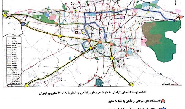 ايجاد ايستگاههای تبادلی بين خطوط حومه‌ای راه‌آهن و خطوط جديد شبكه مترو تهران