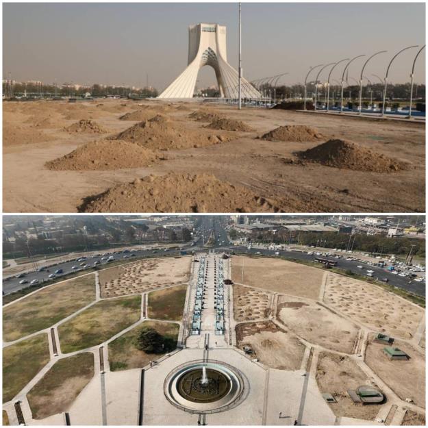 عملیات بازپیرایی چمن‌های میدان آزادی پس از ۱۵ سال آغاز شد