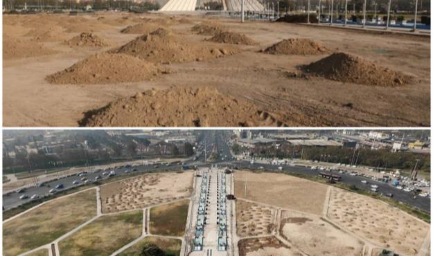 عملیات بازپیرایی چمن‌های میدان آزادی پس از ۱۵ سال آغاز شد